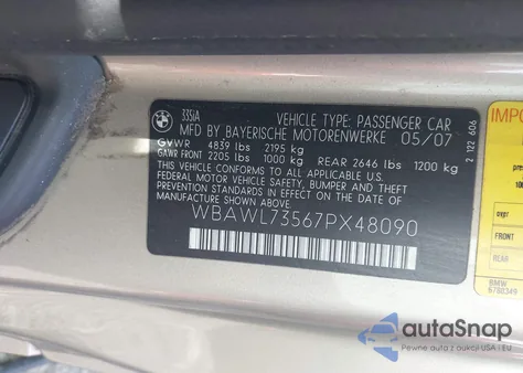 2007 BMW 335I z USA, uszkodzony, nr VIN WBAWL73567PX48090